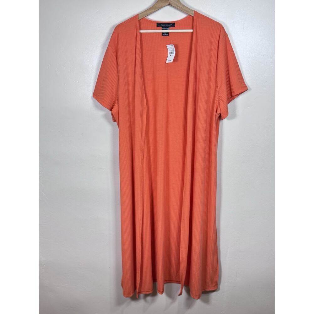 Ashley Stewart Long Duster Cardigan Short Sleeve Orange Rib Knit
